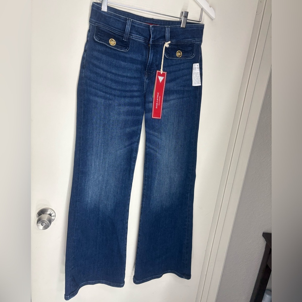 Guess Dark Blue mid rise flare Denim Pants with Gold Accent size 27